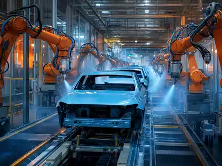 Dürr AG DE0005565204 – Roboter beschichten Karosserien automatisch in einer modernen Lackieranlage - Foto: THN