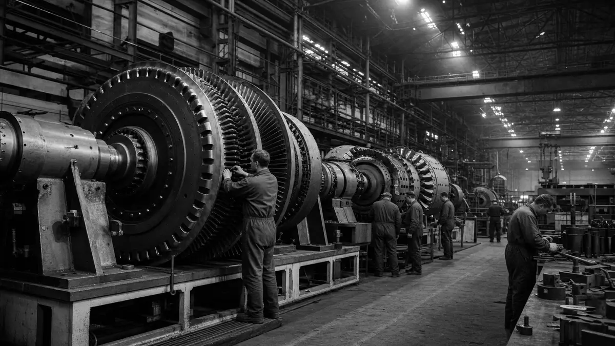 Schwarzweiß-Reportage aus einer Industriehalle mit Maschinenbauarbeitern