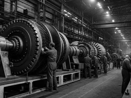 Dürr AG DE0005565204 – Schwarzweiß-Reportage zeigt Arbeiter an großen Industriemaschinen im Werk - Foto: THN