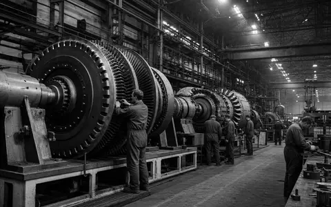 Dürr AG DE0005565204 – Schwarzweiß-Reportage zeigt Arbeiter an großen Industriemaschinen im Werk - Foto: THN