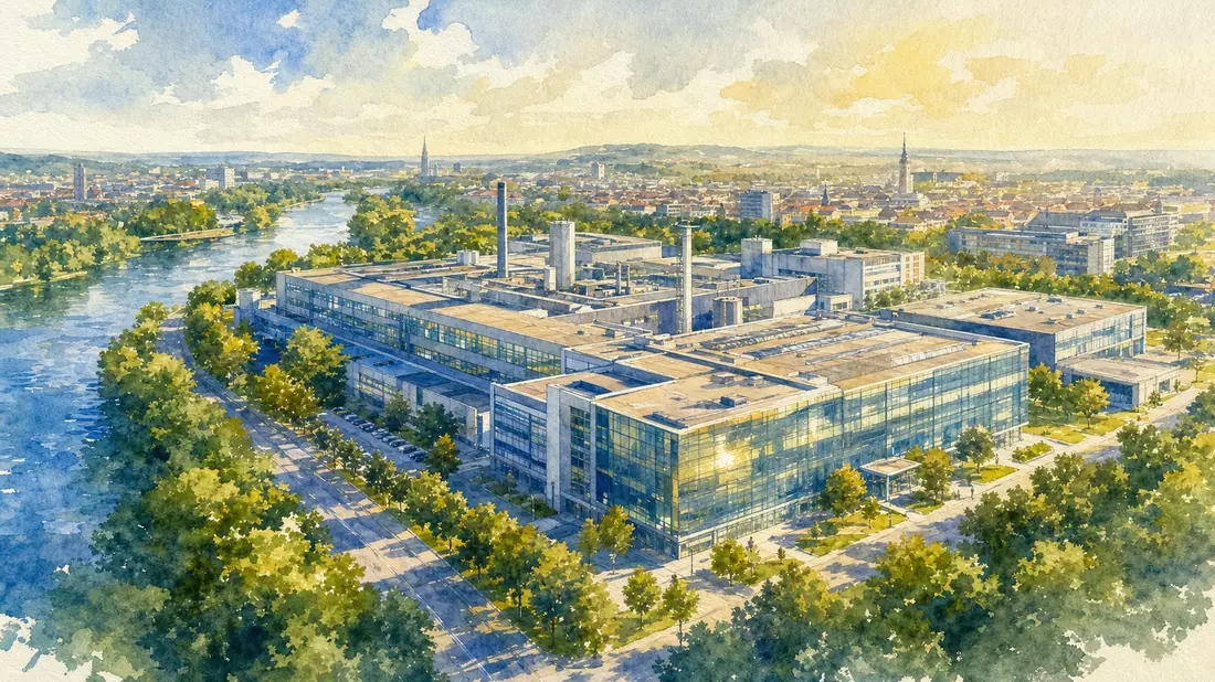 Aquarellmalerei eines modernen Industriecampus in einer deutschen Stadt am Fluss