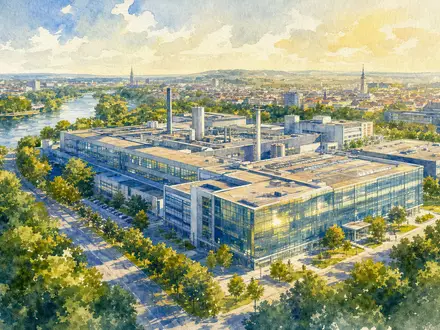 Dürr AG DE0005565204 Unternehmensstandort als Aquarellmalerei – Industriecampus an einem deutschen Fluss - Foto: THN
