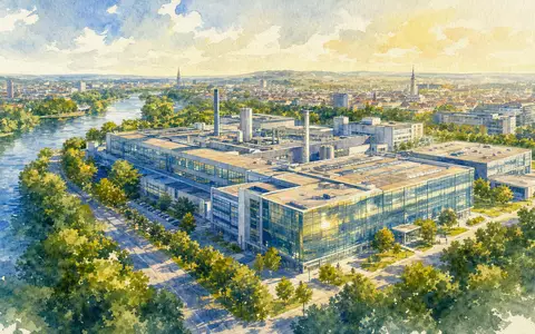 Dürr AG DE0005565204 Unternehmensstandort als Aquarellmalerei – Industriecampus an einem deutschen Fluss - Foto: THN