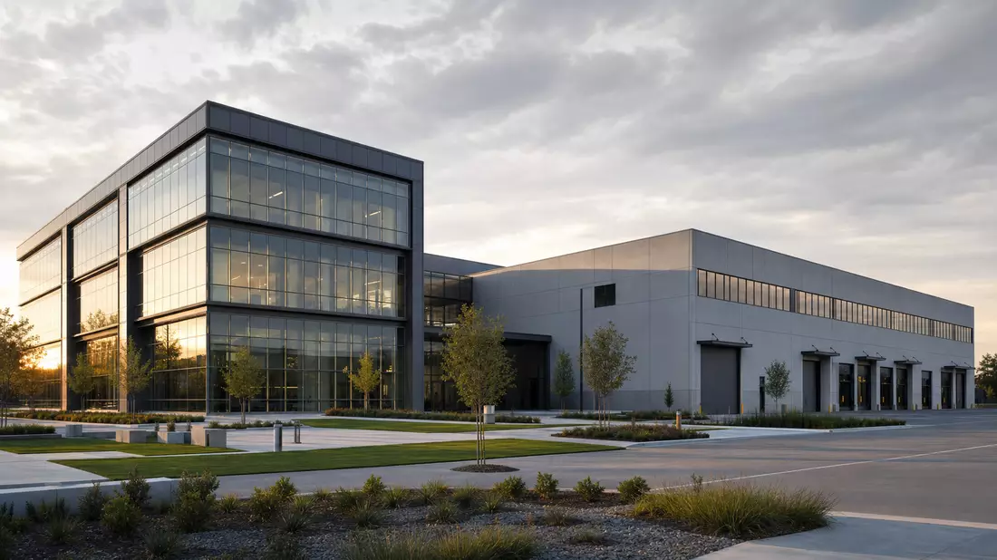 Architektur-CGI-Render eines modernen Industriegebäudes mit Glasfassade bei Sonnenuntergang