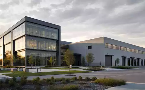 Dürr AG DE0005565204 – moderner Werksstandort als fotorealistische architektonische CGI-Visualisierung bei Sonnenuntergang - Foto: THN