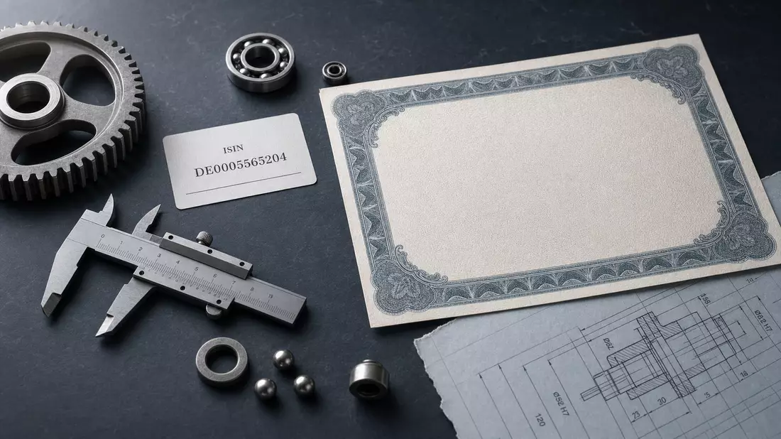 Flatlay-Anordnung mit Aktienzertifikat, ISIN-Karte DE0005565204 und Maschinenbauteilen