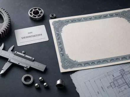 Dürr AG DE0005565204 zeigt einen Investor-Flatlay mit Aktienzertifikat, ISIN-Karte, Zahnrad und Maschinenbauteilen - Foto: THN