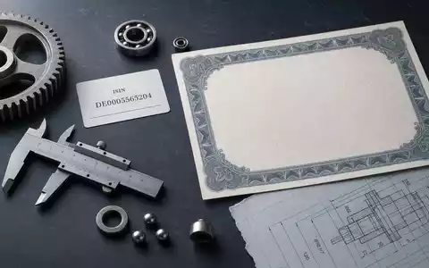 Dürr AG DE0005565204 zeigt einen Investor-Flatlay mit Aktienzertifikat, ISIN-Karte, Zahnrad und Maschinenbauteilen - Foto: THN