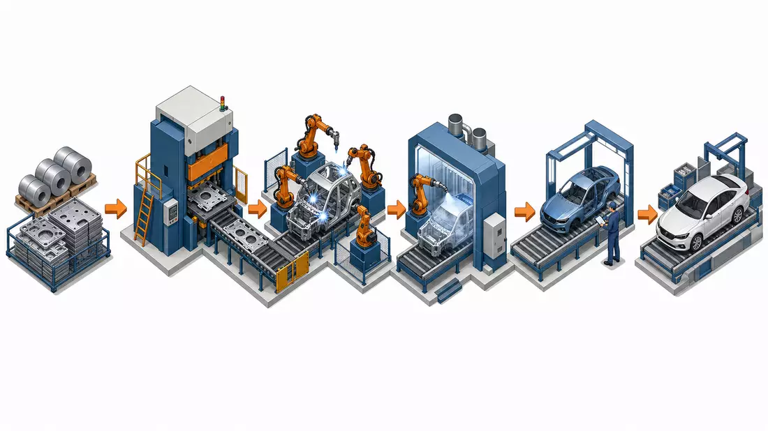 Isometrische 3D-Illustration einer Automobilfertigung von Rohmaterial bis zum Endprodukt