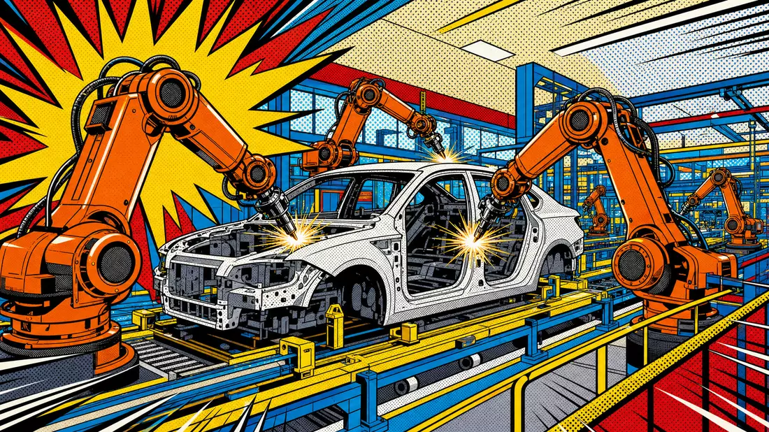 Pop-Art-Comic mit orangen Industrierobotern beim Schweißen einer Autokarosserie in bunter Fabrik