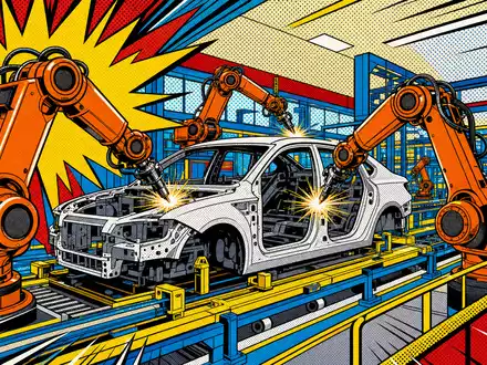Dürr AG DE0005565204 als Pop-Art-Comic: bunte Schweißroboter bei der Automobilmontage im Werk - Foto: THN