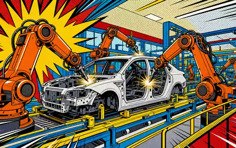 Dürr AG DE0005565204 als Pop-Art-Comic: bunte Schweißroboter bei der Automobilmontage im Werk - Foto: THN