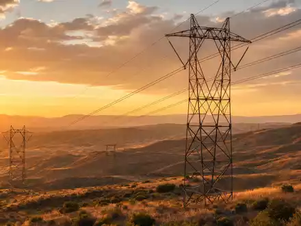 Edison International US2810201077 Hochspannungsmasten bei Sonnenaufgang über südkalifornischen Hügeln in goldenes Licht getaucht - Foto: THN