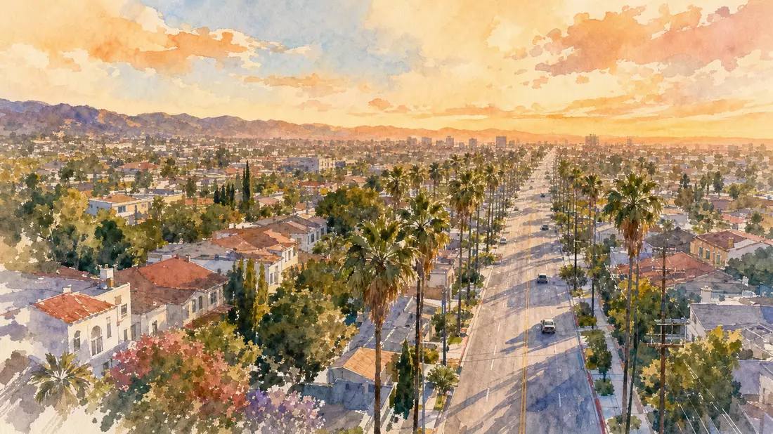 Aquarellmalerei einer Vorstadtstraße in Südkalifornien mit Palmen und Abendhimmel