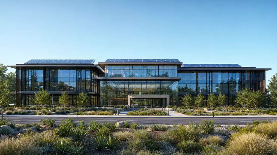 Architekturrender eines modernen Bürocampus mit Solarpaneelen und Xeriscaping