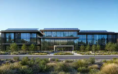 Edison International US2810201077 modernes Verwaltungsgebäude mit Glasfassade und Solarpaneelen als detailliertes architektonisches Render - Foto: THN