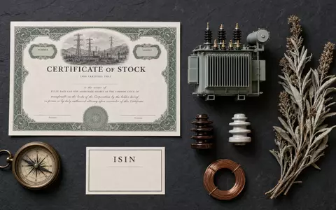 Edison International US2810201077 Flatlay mit Aktienzertifikat ISIN-Karte Transformatormodell Isolatoren Kupferdrahtspule und Salbei - Foto: THN