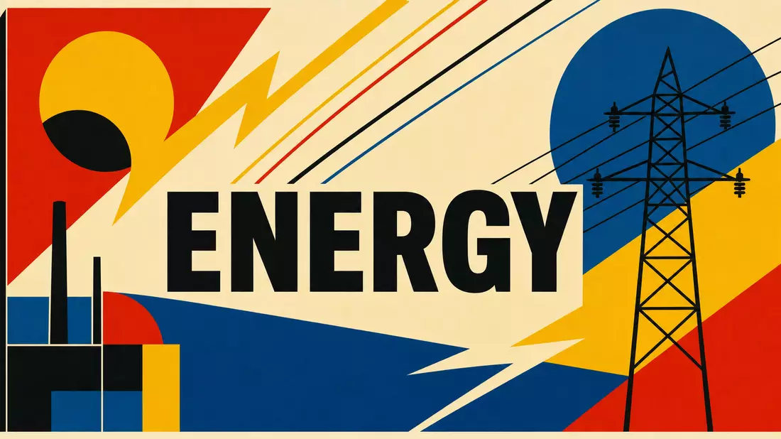 Bauhaus-Poster mit geometrischen Primärfarben, Hochspannungsmast und ENERGY-Typografie