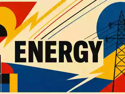 Edison International US2810201077 geometrisches Bauhaus-Poster mit kräftigen Primärfarben Hochspannungsmast und großem ENERGY-Schriftzug - Foto: THN