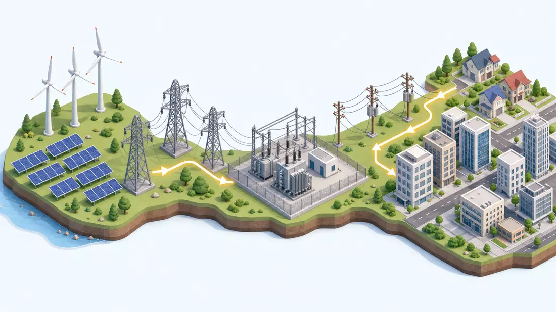 Isometrische 3D-Illustration der Stromwertschöpfungskette von Erneuerbaren bis zur Stadt