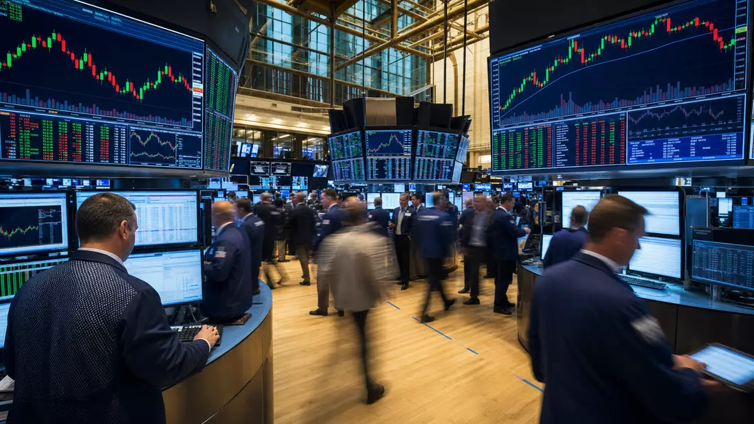 NYSE-Börsensaal mit Händlern, Bildschirmen und Kursdiagrammen des Energiesektors