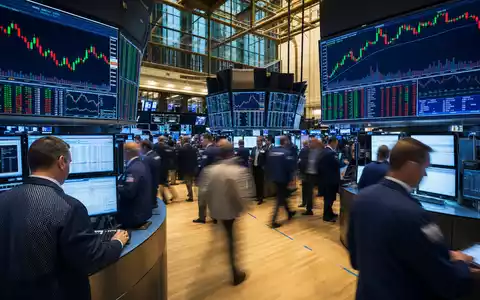 Edison International US2810201077 lebhafter NYSE-Börsenparkett mit aktiven Händlern und großen Candlestick-Kursdiagrammen des Energiesektors - Foto: THN