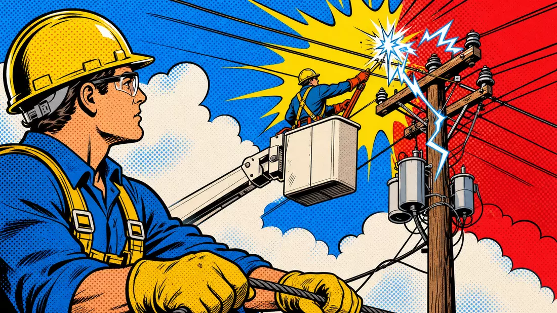 Pop-Art-Comicszene mit Elektrikern am Leitungsmast, Halbton-Punkten und Lichtenstein-Stil