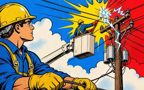 Edison International US2810201077 Pop-Art-Comic mit Monteuren am Hebebühnenfahrzeug und Stromleitungen in kräftigen Primärfarben - Foto: THN