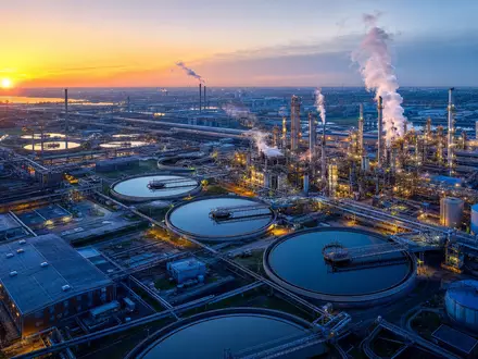 Ecolab Inc. Wasseraufbereitungsanlage aus der Luft bei Sonnenaufgang, ISIN US2824031014, industrielle Kläranlagen im Panorama - Foto: THN