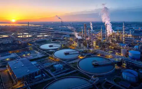 Ecolab Inc. Wasseraufbereitungsanlage aus der Luft bei Sonnenaufgang, ISIN US2824031014, industrielle Kläranlagen im Panorama - Foto: THN