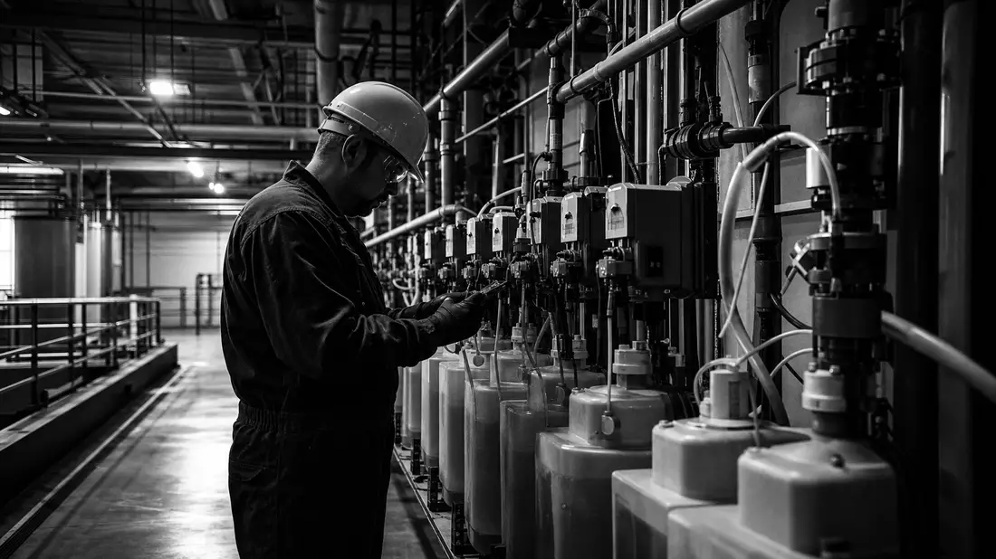 Schwarz-Weiß-Reportage eines Technikers an Chemiedosieranlage