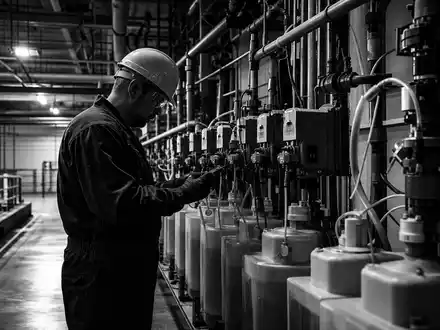 Ecolab Inc. Techniker prüft chemische Dosiertechnik in Anlage, US2824031014, dokumentarische Schwarzweiß-Fotografie mit Tiefenschärfe - Foto: THN