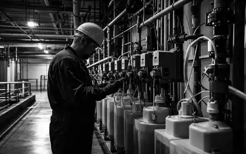 Ecolab Inc. Techniker prüft chemische Dosiertechnik in Anlage, US2824031014, dokumentarische Schwarzweiß-Fotografie mit Tiefenschärfe - Foto: THN