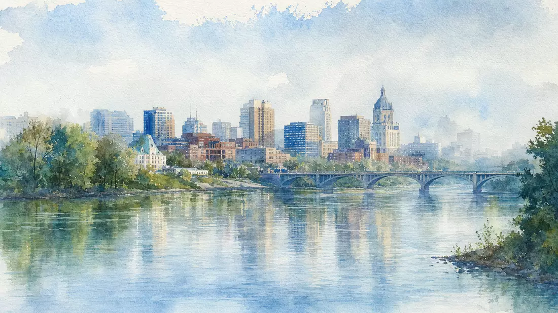 Aquarellgemälde der Skyline von Saint Paul am Mississippi River