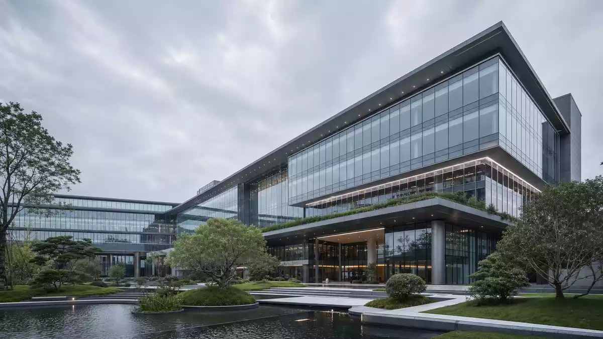 Architektur-Render einer modernen Unternehmenszentrale mit Glasfassade und Teich