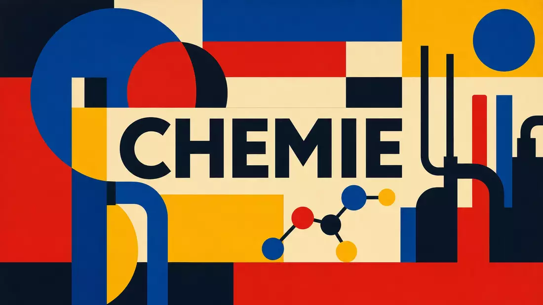 Bauhaus-Poster mit geometrischen Formen und dem Wort CHEMIE in Primärfarben