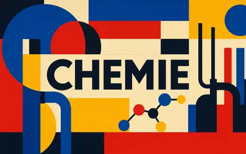 Ecolab Inc. Bauhaus-Poster mit Sektor-Text CHEMIE und geometrischen Formen, US2824031014, Primärfarben auf Raster - Foto: THN