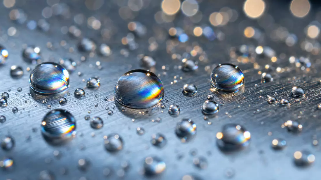 Extreme Makrofotografie von Wassertropfen auf gebürstetem Edelstahl mit Irisreflexen