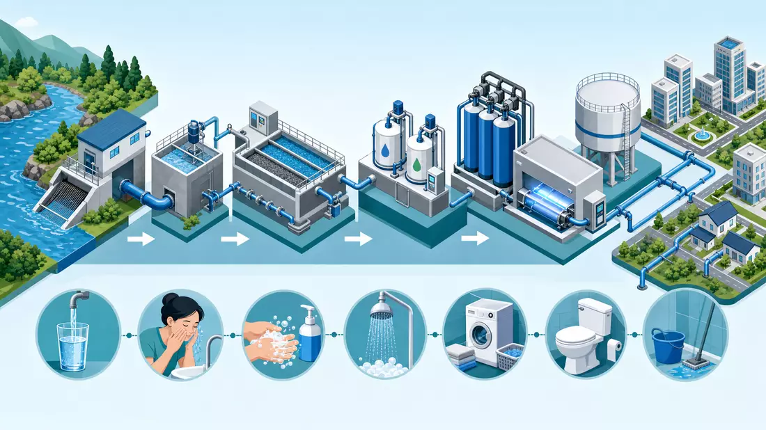Isometrisches 3D-Diagramm der Wasseraufbereitungs-Wertschöpfungskette von Ecolab
