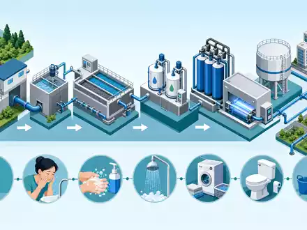Ecolab Inc. isometrisches 3D-Diagramm der Wasseraufbereitungs-Wertschöpfungskette, US2824031014, Prozesskette von Entnahme bis Verteilung - Foto: THN