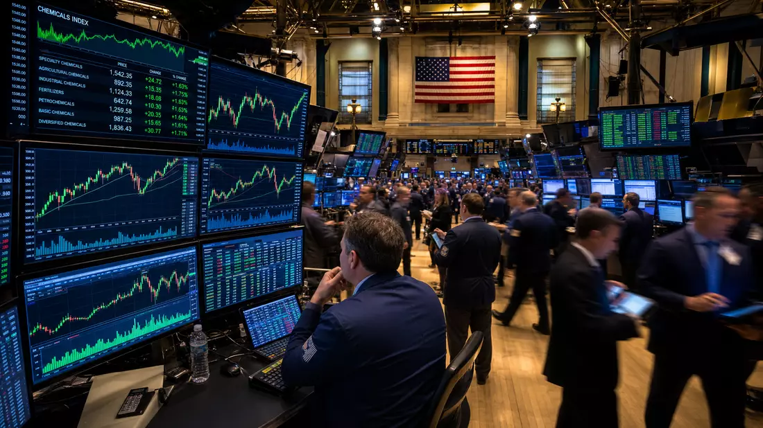 NYSE-Handelsparkett mit Händlern und Chemie-Sektor-Charts auf leuchtenden Bildschirmen