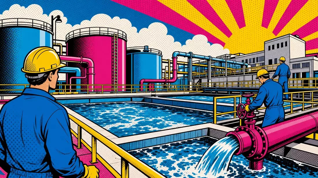 Pop-Art-Comic einer Wasseraufbereitungsanlage mit Arbeitern in kräftigen Farben