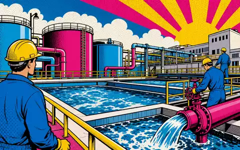 Ecolab Inc. Pop-Art-Comic einer Wasseraufbereitungsanlage mit Arbeitern, US2824031014, kräftige Farben im Retrostil - Foto: THN