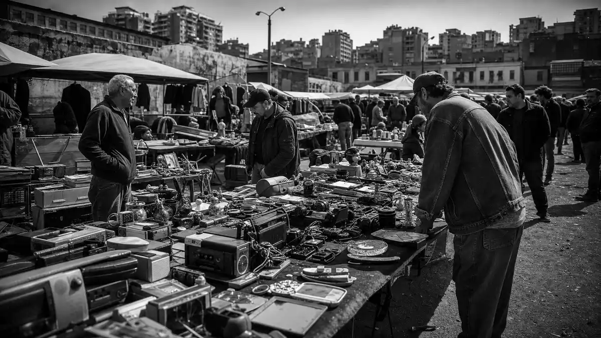Schwarzweiß-Reportagefoto eines belebten Flohmarkts mit Elektronik und Sammlerstücken