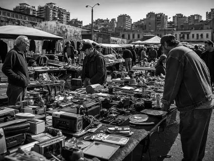 eBay Inc. Flohmarkt Reportage mit ISIN US2786421030 zeigt Schwarzweiß-Dokumentation über Secondhand und Tauschhandel - Foto: THN