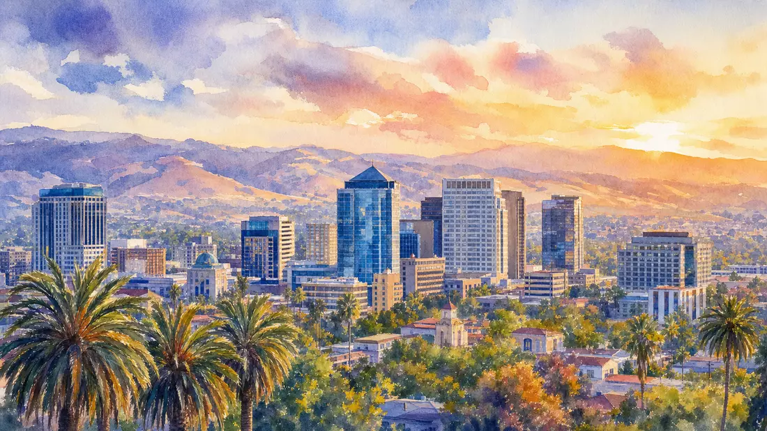 Aquarell-Gemälde der Skyline von San Jose mit Palmen und Abendhimmel