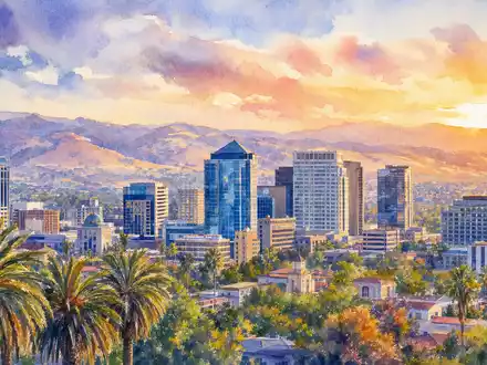 eBay Inc. Hauptsitz San Jose Aquarell ISIN US2786421030 im warmen Sonnenuntergang malerisch festgehalten - Foto: THN