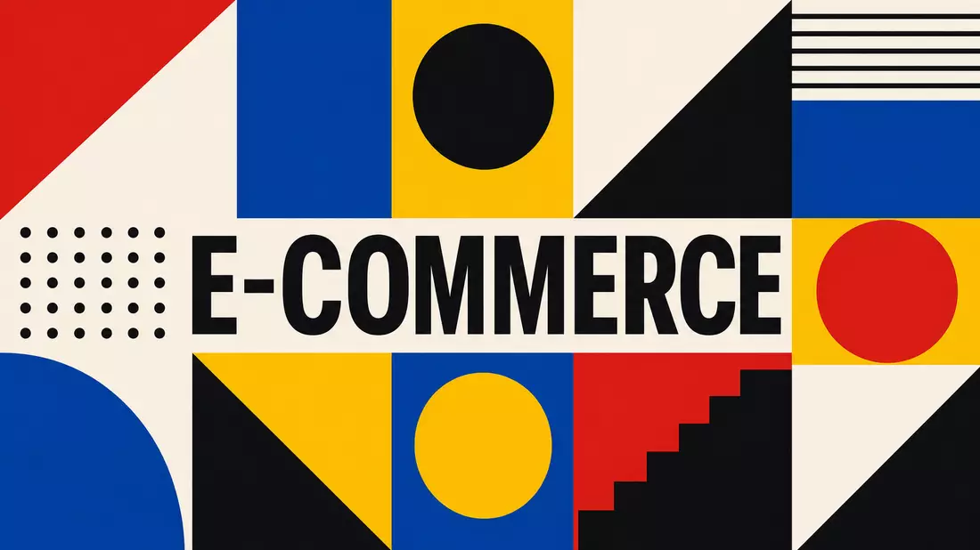 Geometrisches Bauhaus-Design mit primären Farben und fettgedrucktem E-COMMERCE-Text