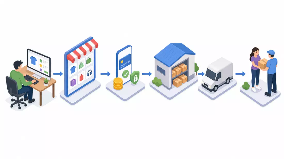 Isometrische 3D-Illustration der E-Commerce-Prozesskette von Verkäufer bis Kundenlieferung