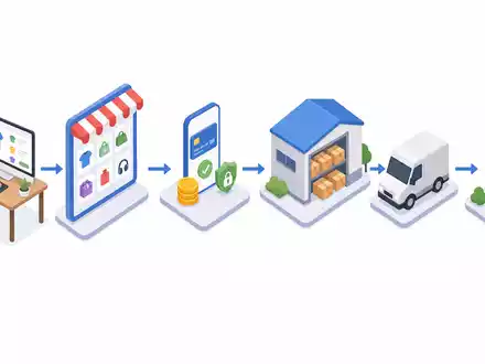 eBay Inc. E-Commerce Wertschöpfungskette ISIN US2786421030 als isometrisches 3D-Diagramm von Verkauf bis zur Lieferung - Foto: THN